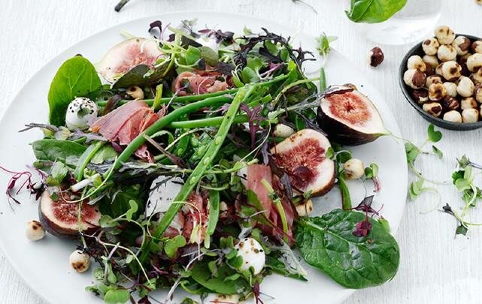 italiensk salat med bønner, figner, nødder, mozzarella