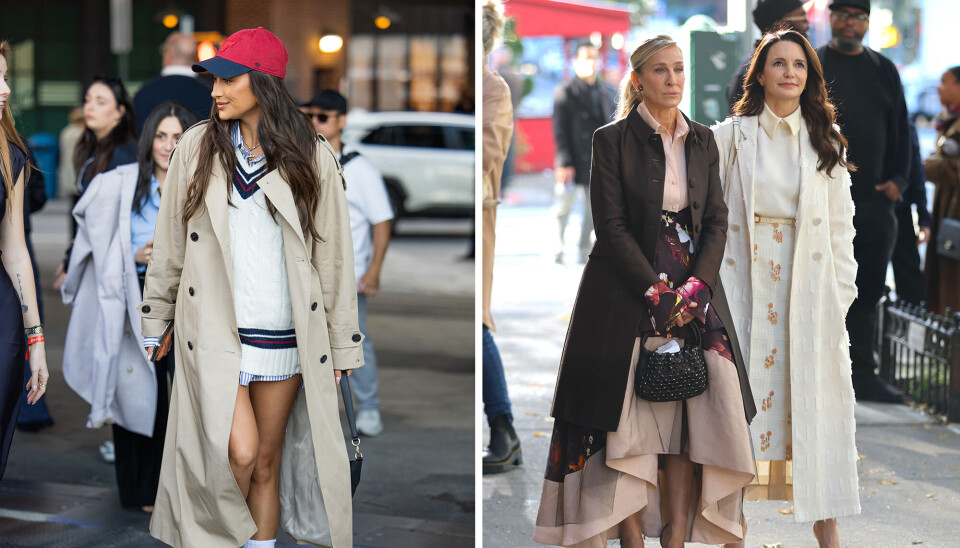 Shay Mitchell, Sara Jessica Parker og Kristin Davis i trenchcoats