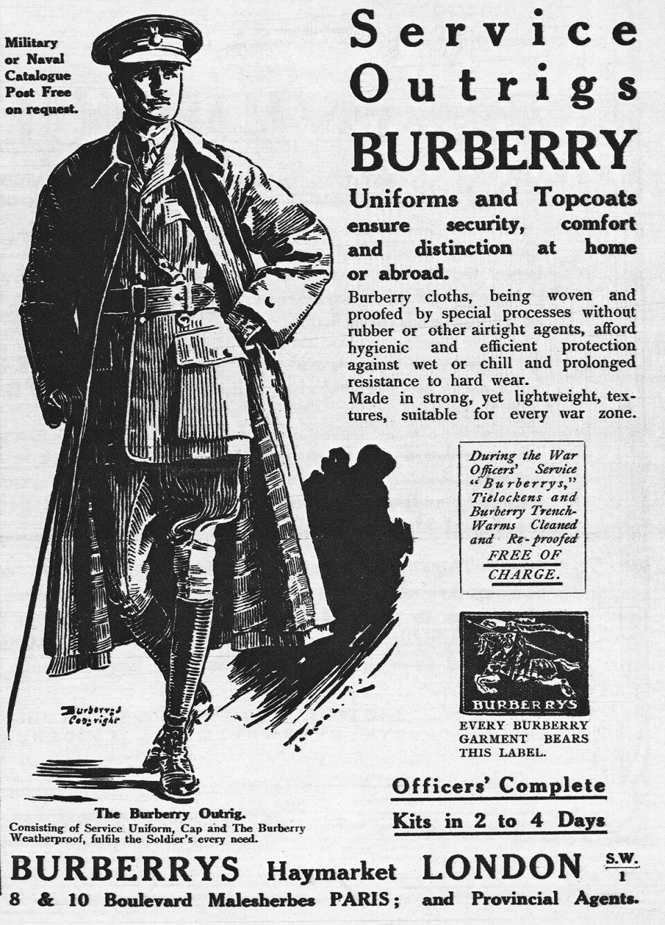 En reklame for Burberrys udrustning til det britiske militær fra 1918.