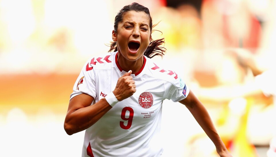 ENSCHEDE, NETHERLANDS - AUGUST 06: Nadia Nadim of Denmark celebrates scoring her sides first goal during the Final of the UEFA Women's Euro 2017 between Netherlands v Denmark at FC Twente Stadium on August 6, 2017 in Enschede, Netherlands. (Photo by Dean Mouhtaropoulos/Getty Images)