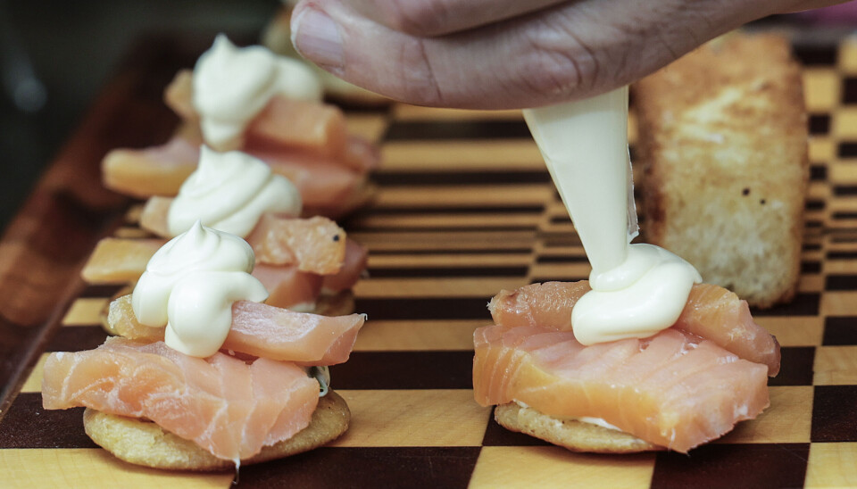 Koldrøget laks på citronmayonnaise med rejer, revet citronskal og dild.