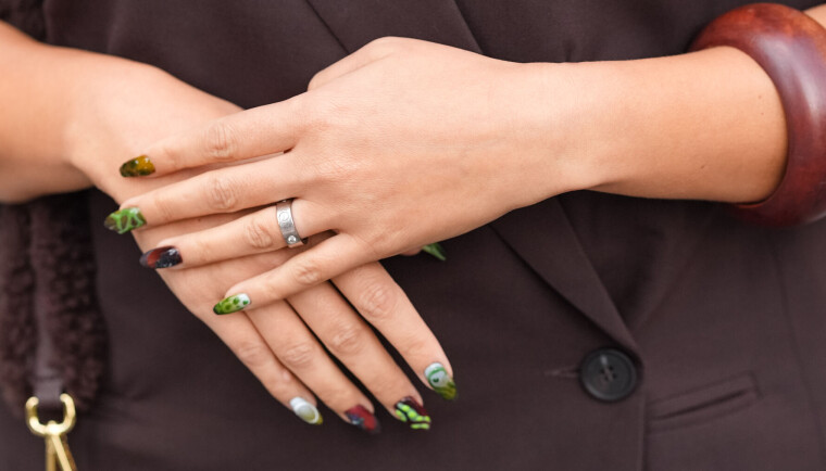 NEW YORK, NEW YORK - SEPTEMBER 08: Samia Laaboudi wears colored nail polish, outside Jason Wu, during the New York Fashion week Spring/Summer 2025 on September 08, 2024 in New York, New York. (Photo by Edward Berthelot/Getty Images)