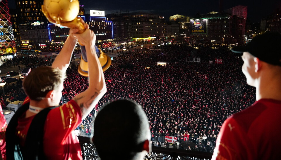 Fejringen af VM-guld håndboldherrerne på Københavns Rådhus i København, mandag den 3. februar 2025. Danmark vandt VM-guld i håndbold søndag aften i Oslo.