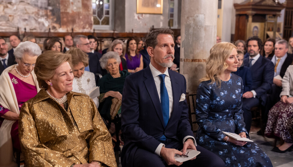 Dronning Anne-Marie, kronprins Pavlos og kronprinsesse Marie-Chantal ved prins Nikolaos og Chrysi Vardinogiannis bryllup i Athen fredag den 7. februar 2025.