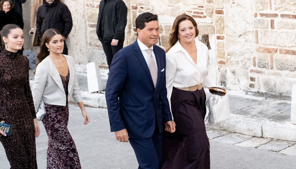 Prinsesse Alexia og hendes mand, Carlos Morales, med døtrene Anna-Maria og Amelia ved prins Nikolaos og Chryssi Vardinogiannis bryllup i Athen fredag den 7. februar 2025.
