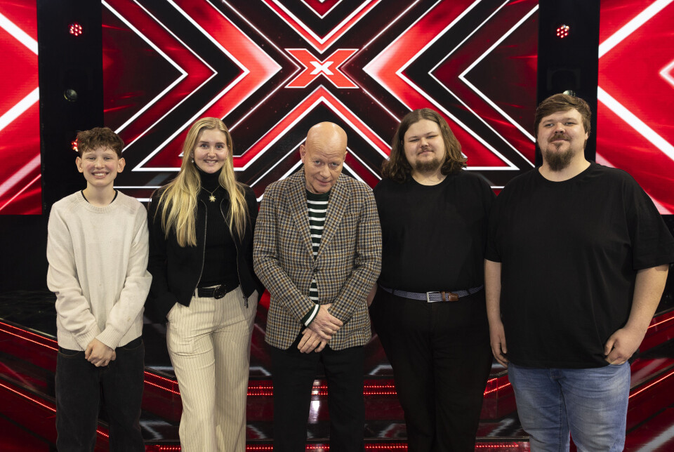Pressemøde på 'X Factor' 2025. Svend Heiberg Nelke aka Svend, Julie Gotthard aka Julie, Thomas Blachman, Mathias Jokszies, Marcus Jokszies