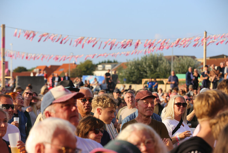 Festivalgæster til Folkely Festival. Over dem hænger lyserøde vimpler.