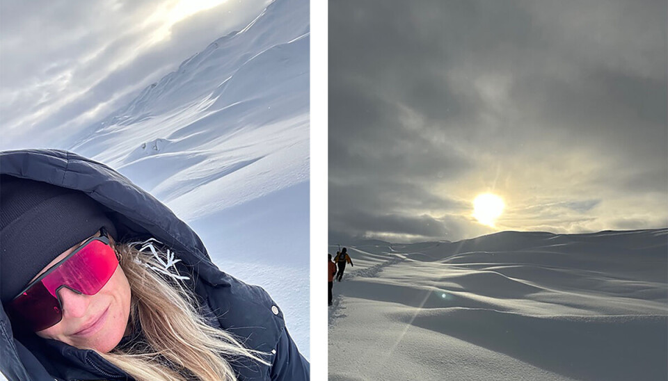 To billeder ved siden af hinanden. Det venstre er et selfie af Marianne Kolenda Kruse, hvor man i baggrunden kan se en masse sne. Det andet er et landskabsbillede af en masse sne med en sol, der hænger lavt over. Begge billeder er taget på Indlandsisen i Grønland.