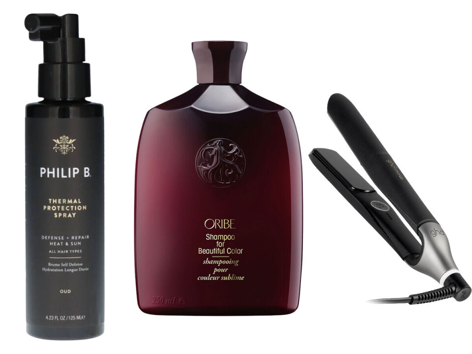 Ofias Seghaous uundværlige
hjælpere til farvet sommerhårThermal Protection Spray, Philip B, 280 kr. Beautiful Color Shampoo, Oribe, 350 kr. Black Chronos Styler, Ghd, 2.600 kr.
