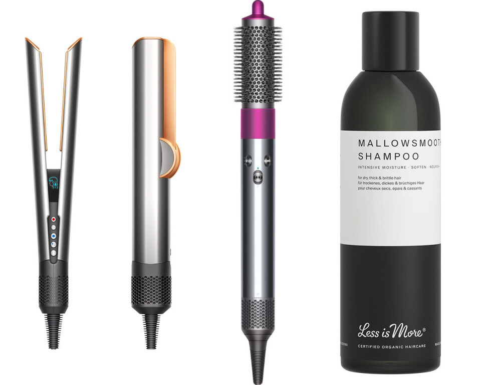 Cim Mahonys faste stylingkitSupersonic R - Airstrait, Dyson, 3.200 kr. Airwrap, Dyson, 4.090 kr. Organic Mallowsmooth Shampoo, Less is More, 245 kr.
