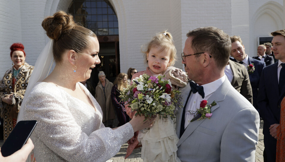 Lise Baastrup og Jacob Dahls bryllup, Budolfi Kirke. Lise Baastrup, Laura og Jacob Dahl