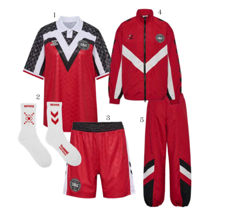 Kvindelandsholdets officielle spillerdragt er lanceret
i samarbejde mellem modebrandet Rotate, sportsbrandet
Hummel og DBU.1. Trøje, 600 kr. 2. Strømper, 150 kr. 3. Shorts, 350 kr.
4. Tracksuit-jakke, 900 kr. 5. Tracksuit-bukser, 700 kr