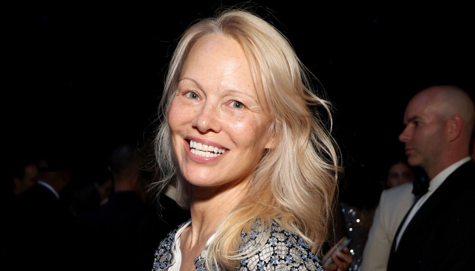 Foto af Pamela Anderson. Her ses hun med langt lyst hår, et kæmpe smil og en mønstret trøje. Hun har ingen make-up på.