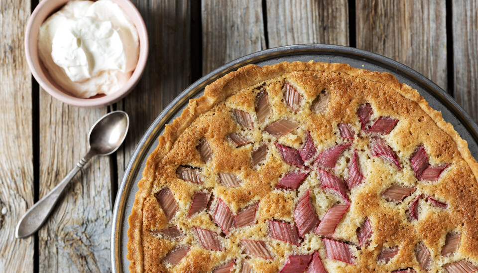 Billede af en rabarbertærte med frangipane - der er en lyserød skål med flødeskum i venstre hjørne, og en sølv ske. Tærten står på et træbord.