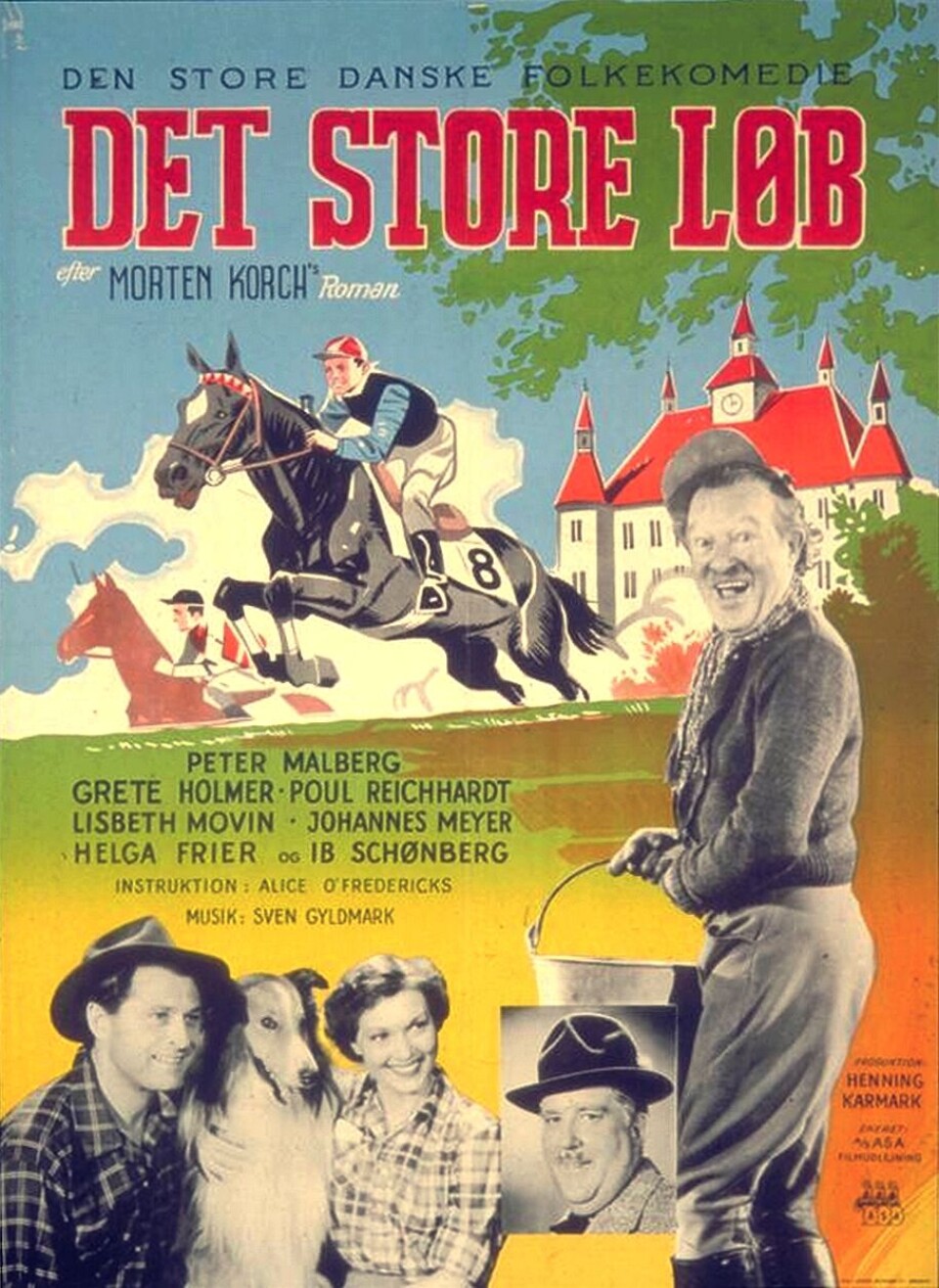Filmplakaten til Morten Korch-filmen ”Det store løb”. Peter Malberg stod øverst på rollelisten.