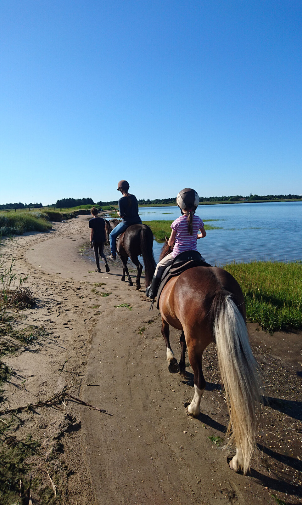 Et barn og en voksen på ridetur langs en sø.
