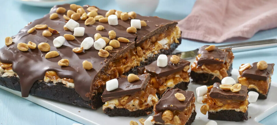 Er du vild med Snickers? Lækker kage med chokolade og peanuts
