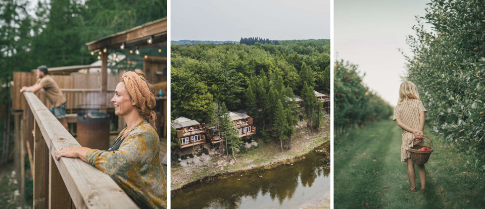 Dame og mand kigger ud fra terrasse, Glamping Adventure Camp, pige går med æbler i en kurv.