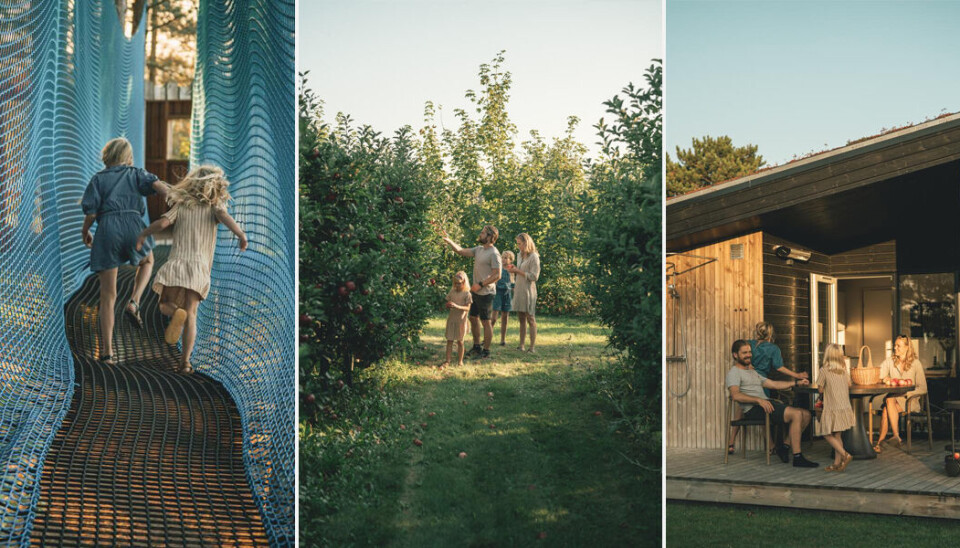 Børn som går på hængebro, Familie plukker æbler, familie som hygger sig på terrassen