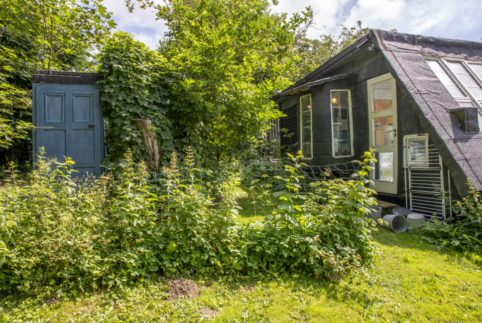 Bagsiden af huset samt hendes 'lille hus' med den blå dør.