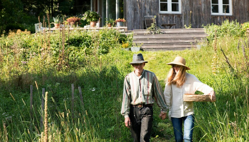 Gertrud og Birger på vej ned ad skråningen foran huset, som leder ned i skovhaven, altid med en kurv under armen, så høsten kan komme til huse.