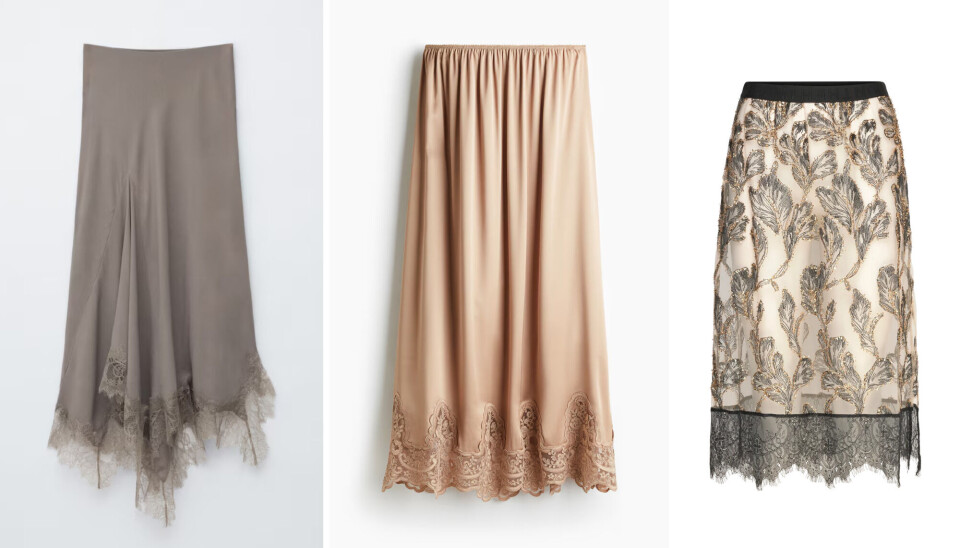 Nederdel med blonder fra & Other Stories, 790 kr. (tv.) Nederdel med blonder fra H&M, 249 kr. Nederdel med blonder fra Munthe, 1.299 kr.
