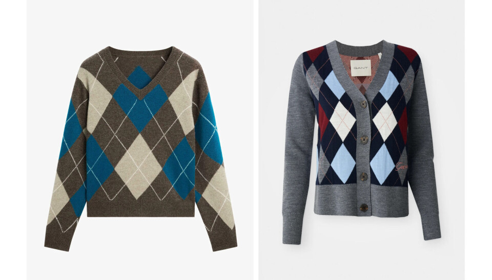 Striktrøjer med 'argyle'-mønster fra Massimo Dutti, 850 kr. (tv.), og Gant, 1.495 kr. (th.)