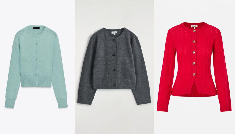 Cardigans fra Zara, 279 kr. (tv.), COS, 900 kr. (i midten), og Baum und pferdgarten, 1.499 kr. (th.)