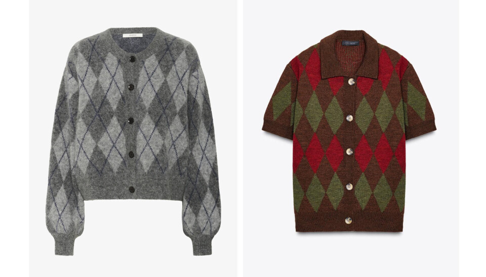 Striktrøjer med 'argyle'-mønster fra Gestuz, 1.900 kr. (tv.), og Zara, 299 kr. (th.)