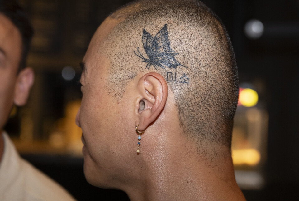 Morten Mortensens tatovering på hovedet, der forestiller en sommerfugl med koreanske tegn under