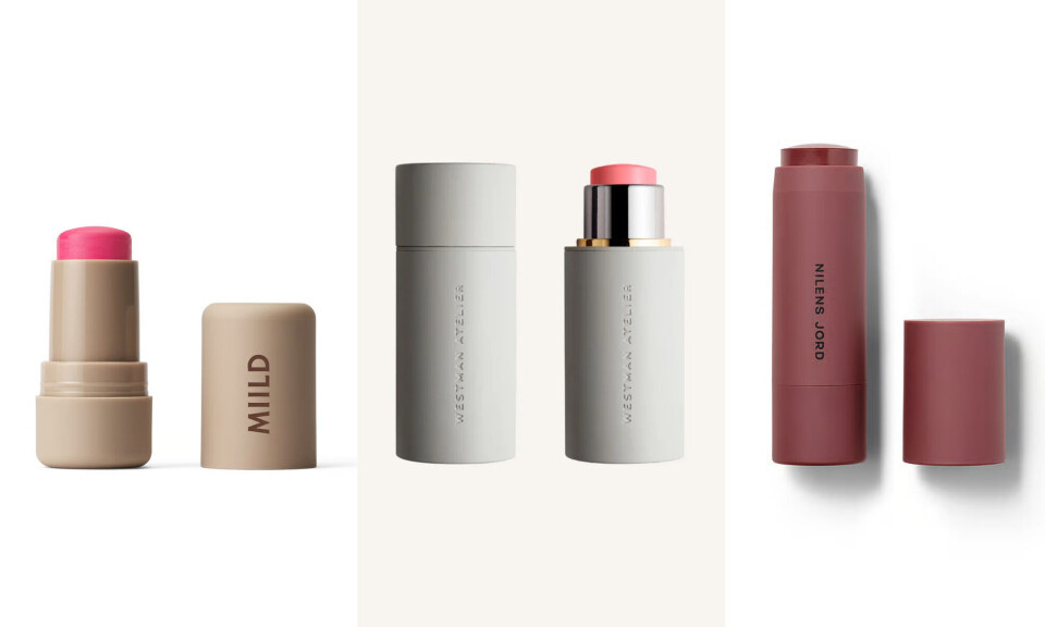 Cremeblushes fra Miild i farven Pink Blossom, 260 kr. (tv.), Westman Atelier i farven Petal, 400 kr. (i midten) og Nilens Jord i farven Mahogany, 200 kr. (th.)