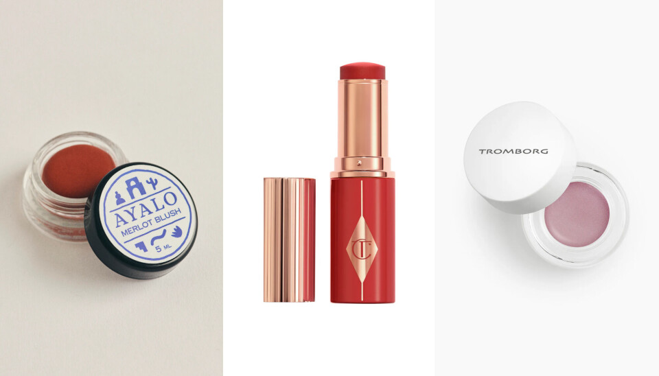 Cremeblushes fra Ayalo i farven Merlot, 245 kr. (tv.), Charlotte Tilbury i farven Cherry Glow, 329 kr. (i midten) og Tromborg i farven Petal, 220 (th.)