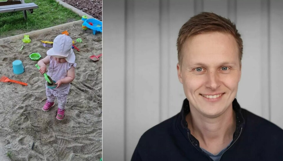 Foto af Anders Eid, og et barn, som leger i en sandkasse.