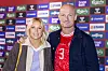 Landskamp Danmark-Grækenland, Parken. Josefine Høgh og Lasse Sjørslev står foran sponsorvæggen.
