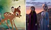 Delt billede med Bambi til venstre og to Frozen-figurer i landskab til højre