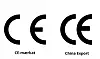 Illustration med CE-mærke til venstre og China Export-logo til højre.