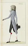 Illustration af mand fra 1700-tallet i lang frakke, culottes og silkehoser, set fra siden.