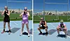 To personer på atletikbane udfører kettlebell-squats foran hegn i solskin.