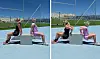 To kvinder laver triceps-dips på en lav kasse på en udendørs sportsplads.