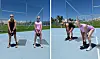 To personer laver stående kettlebell-øvelser på en lys blå udendørs bane.