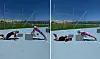 To personer laver pushups ved en hvid kasse på en udendørs bane i solskin.