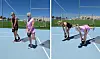 To kvinder laver et-bens dødløft med kettlebell på en lysblå udendørs sportsbane.