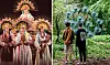 Collage med folk i traditionelle dragter på scene og to børn foran kunstværk i skov.