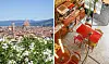 Panorama af Firenze ved siden af et farverigt caféinteriør set ovenfra.