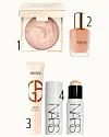 Fire nummererede makeupprodukter fra Estée Lauder, Armani og NARS på lys baggrund.