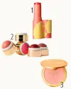Flere blush-produkter fra Benefit, Merit og Nuxe vist mod en lys baggrund