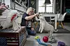 Bo Nymann giver godbid til lille hund, der står på bagben i stue med legetøj på gulvet.
