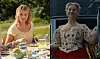 Delt billede af Margot Robbie ved havebord og i blomsteret historisk kjole