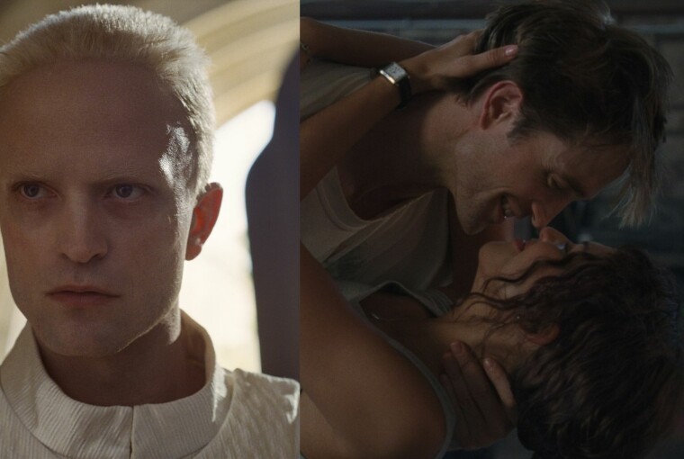 Delt filmstill med intenst portræt af Robert Pattinson til venstre og intim omfavnelse mellem Zendaya og Robert Pattinson til højre