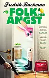 Bogforside til 'Folk med angst' med åben dør, kaninmaske og til salg-skilt